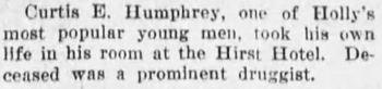 Holly Hotel - Homer Index 1903 - Suicide At Hirst Hotel